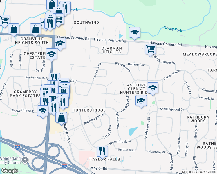 map of restaurants, bars, coffee shops, grocery stores, and more near 661 Wigan Court in Columbus
