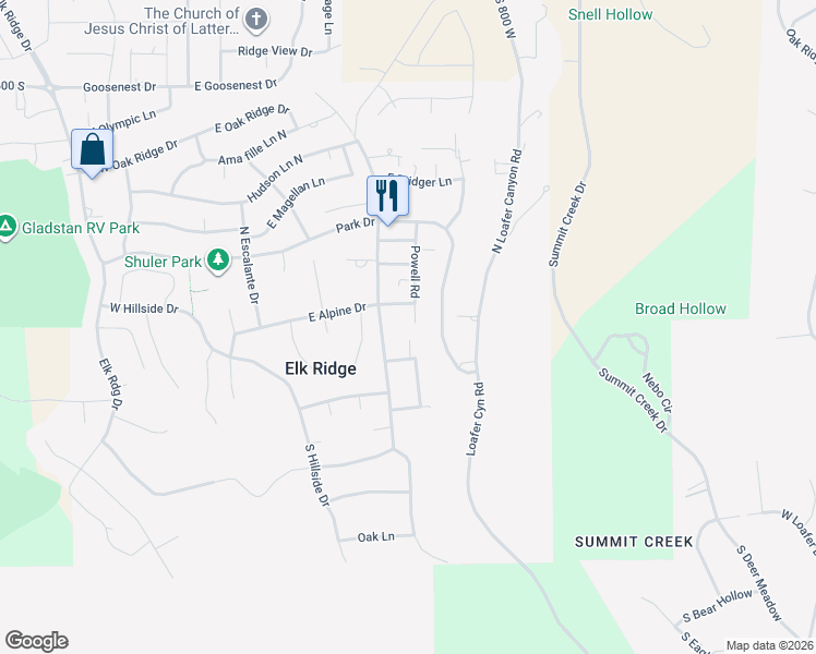 map of restaurants, bars, coffee shops, grocery stores, and more near 22 Powell Road in Elk Ridge