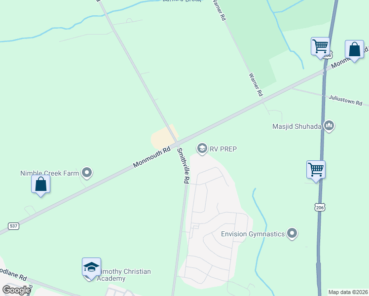 map of restaurants, bars, coffee shops, grocery stores, and more near 1372A Monmouth Road in Eastampton Township