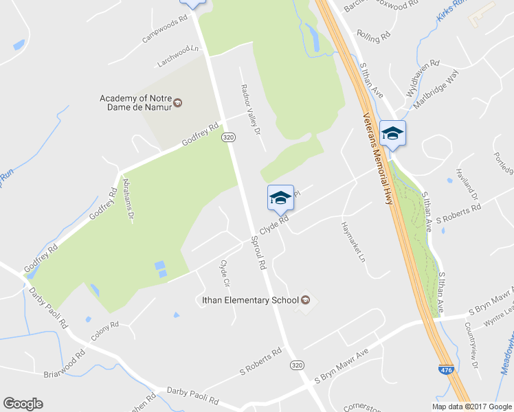 map of restaurants, bars, coffee shops, grocery stores, and more near 687 Sproul Road in Bryn Mawr