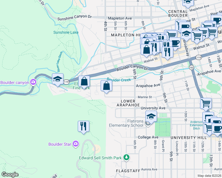 map of restaurants, bars, coffee shops, grocery stores, and more near 428 Arapahoe Avenue in Boulder