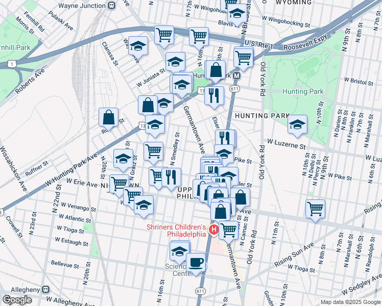 map of restaurants, bars, coffee shops, grocery stores, and more near 3862 N Sydenham St in Philadelphia