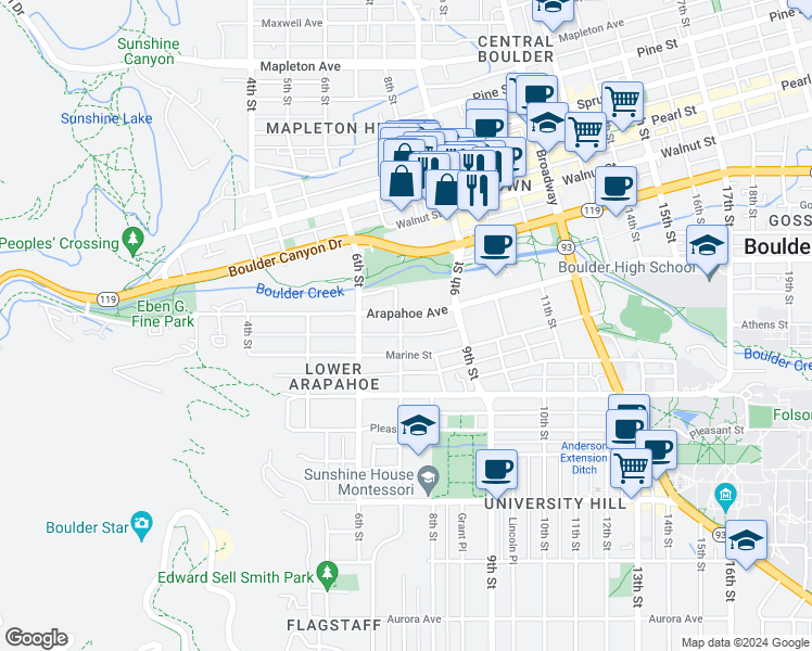 map of restaurants, bars, coffee shops, grocery stores, and more near 1650 7th Street in Boulder