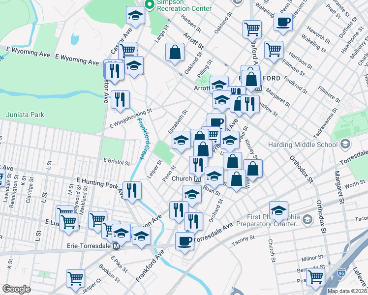 map of restaurants, bars, coffee shops, grocery stores, and more near 4316 Penn Street in Philadelphia