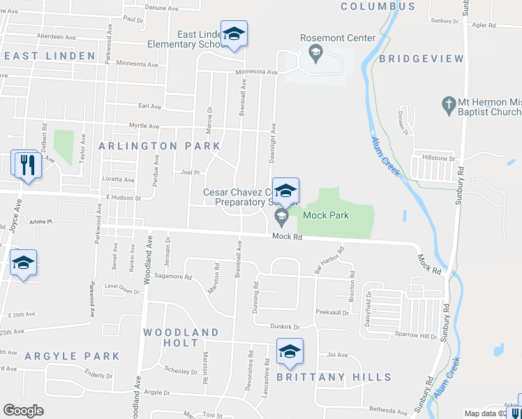 map of restaurants, bars, coffee shops, grocery stores, and more near Dawnlight Ave & Century Dr in Columbus