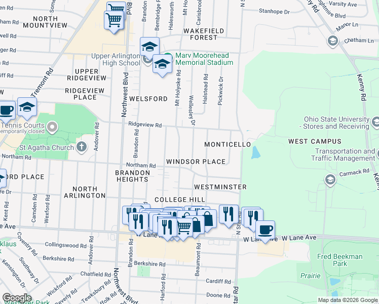 map of restaurants, bars, coffee shops, grocery stores, and more near 2691 Wellesley Drive in Upper Arlington