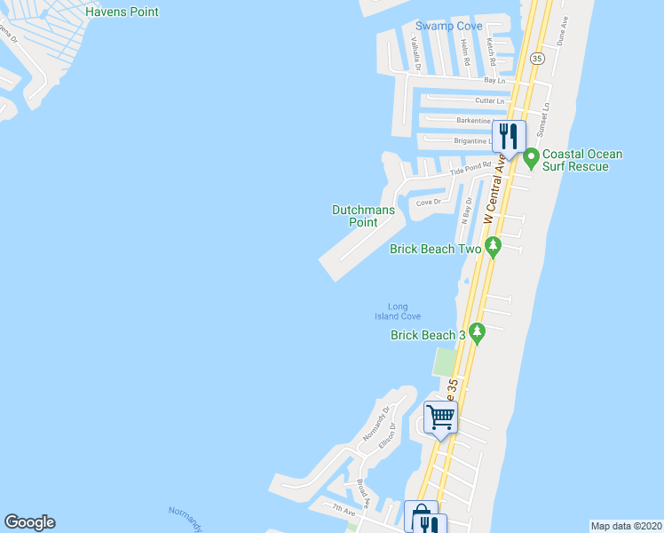 map of restaurants, bars, coffee shops, grocery stores, and more near 264 Dutchmans Point Road in Mantoloking