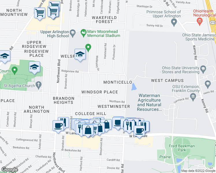 map of restaurants, bars, coffee shops, grocery stores, and more near 2690 Vassar Place in Columbus