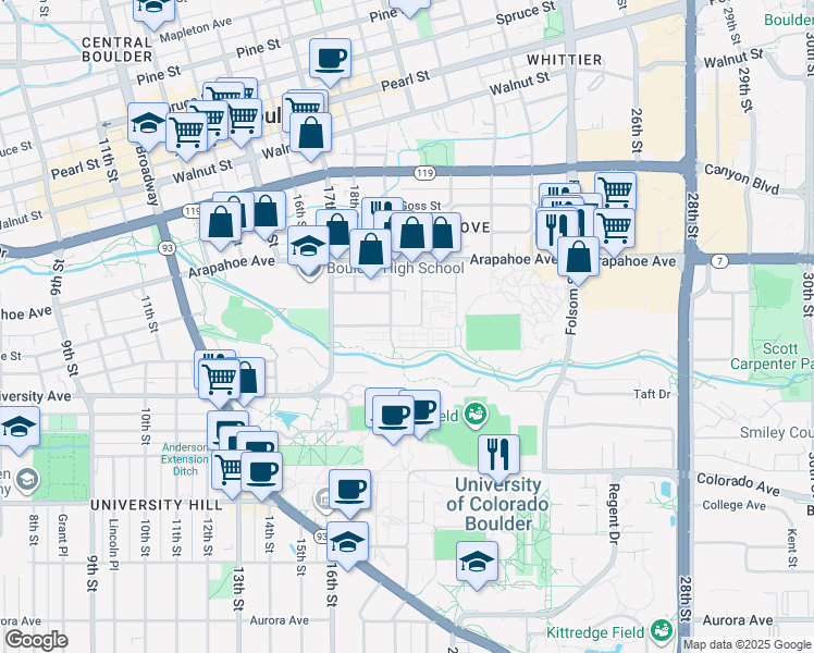 map of restaurants, bars, coffee shops, grocery stores, and more near in Boulder