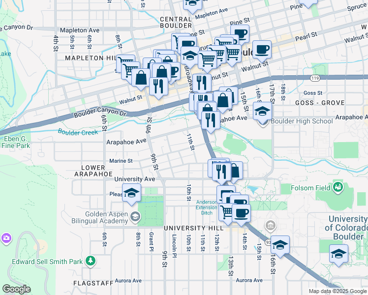 map of restaurants, bars, coffee shops, grocery stores, and more near 1051 Marine Street in Boulder