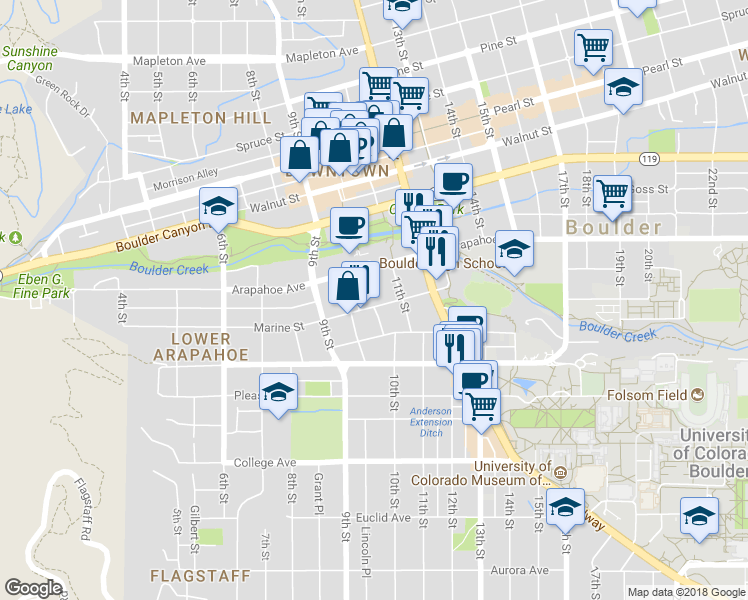 map of restaurants, bars, coffee shops, grocery stores, and more near 1051 Marine Street in Boulder