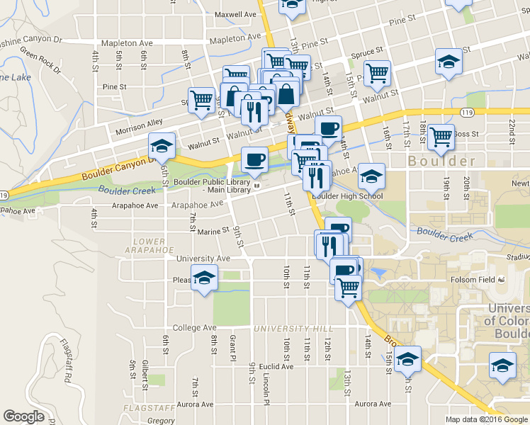 map of restaurants, bars, coffee shops, grocery stores, and more near 1051 Marine Street in Boulder