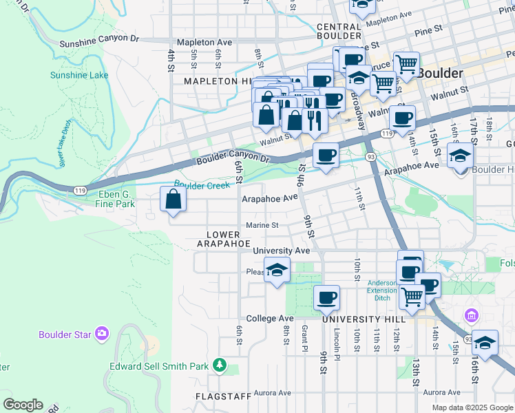 map of restaurants, bars, coffee shops, grocery stores, and more near in Boulder