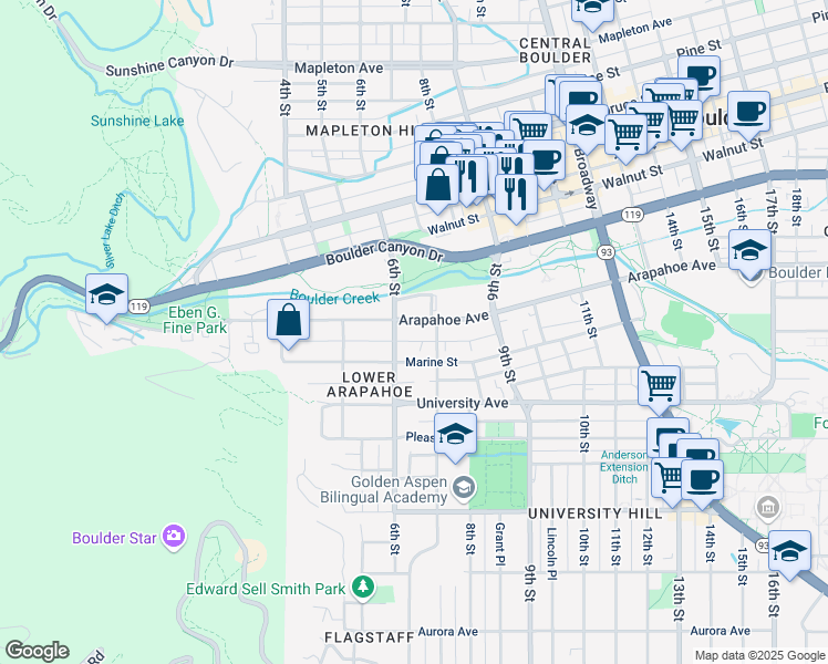 map of restaurants, bars, coffee shops, grocery stores, and more near in Boulder