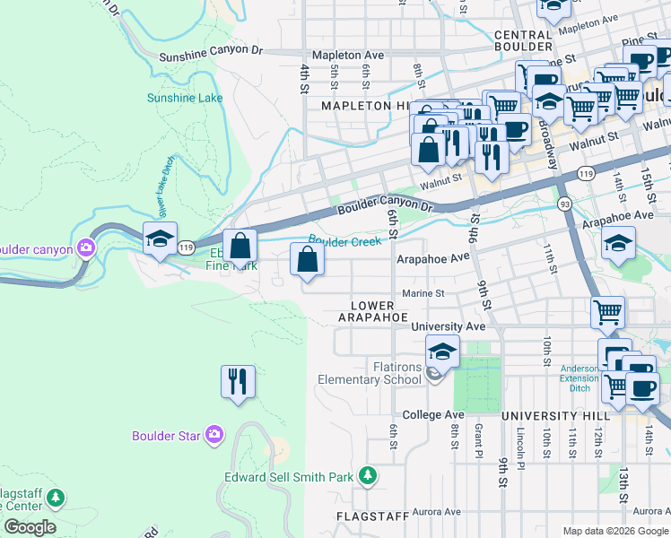map of restaurants, bars, coffee shops, grocery stores, and more near 1631 5th Street in Boulder