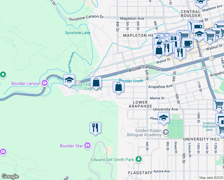 map of restaurants, bars, coffee shops, grocery stores, and more near 358 Arapahoe Avenue in Boulder