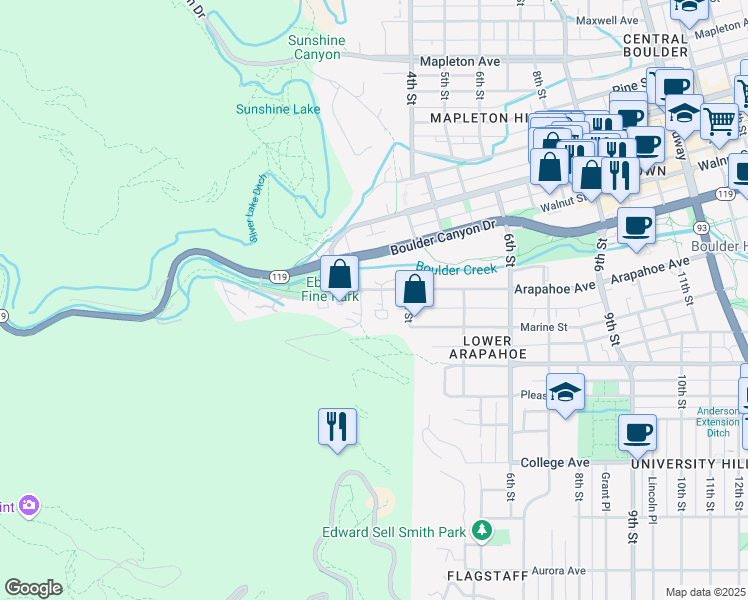 map of restaurants, bars, coffee shops, grocery stores, and more near 358 Arapahoe Avenue in Boulder