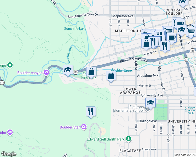 map of restaurants, bars, coffee shops, grocery stores, and more near 272 Arapahoe Avenue in Boulder