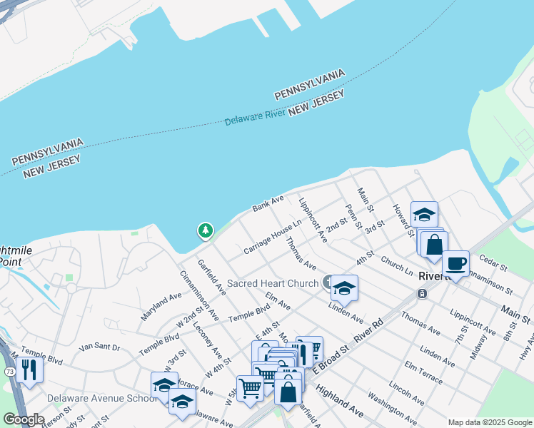 map of restaurants, bars, coffee shops, grocery stores, and more near 109 Bank Avenue in Riverton