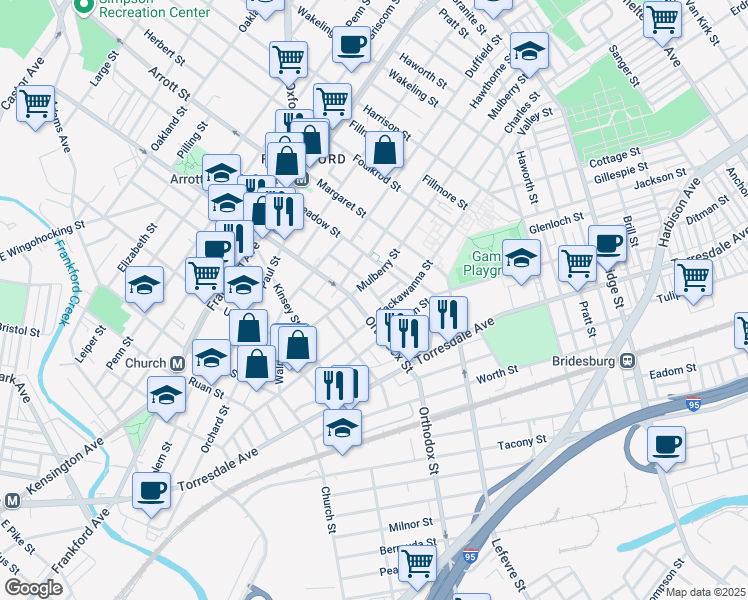 map of restaurants, bars, coffee shops, grocery stores, and more near 1821 Orthodox Street in Philadelphia