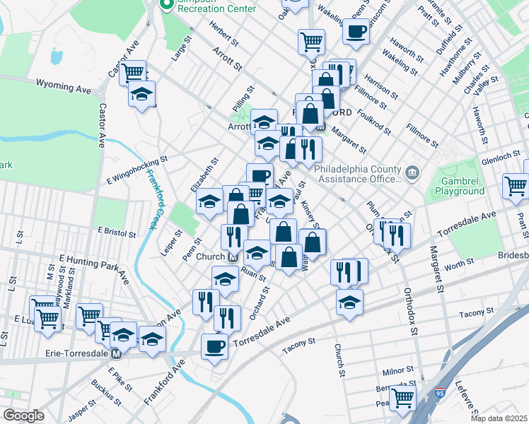 map of restaurants, bars, coffee shops, grocery stores, and more near 4407 Frankford Avenue in Philadelphia