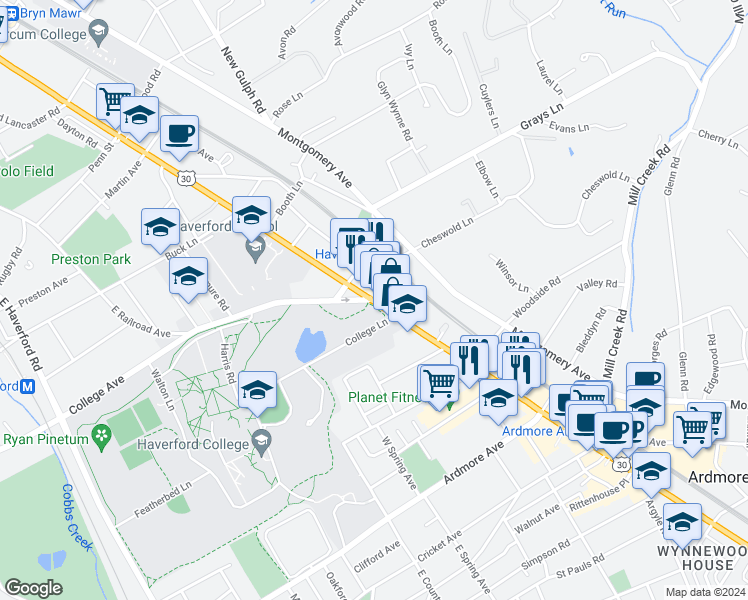 map of restaurants, bars, coffee shops, grocery stores, and more near 377 Lincoln Highway in Haverford