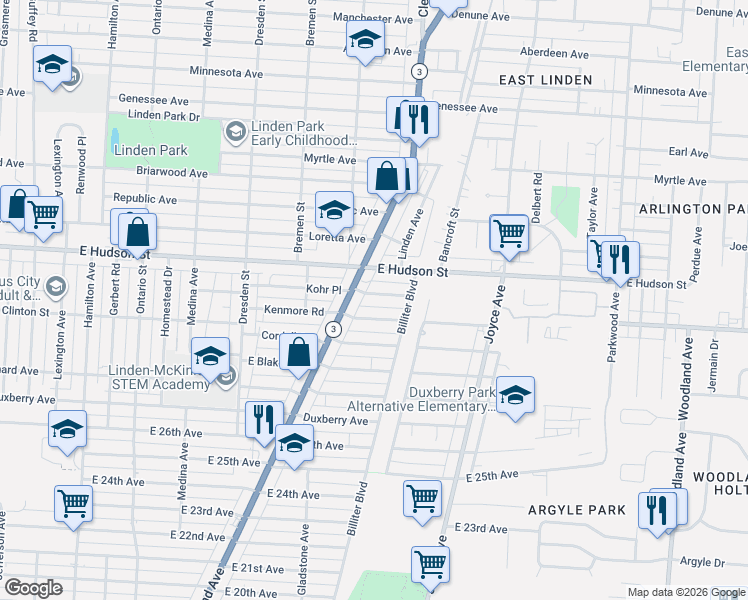 map of restaurants, bars, coffee shops, grocery stores, and more near 1613 Kohr Place in Columbus
