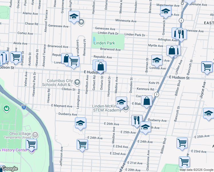 map of restaurants, bars, coffee shops, grocery stores, and more near 2272 Homestead Drive in Columbus