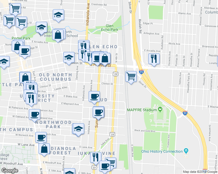 map of restaurants, bars, coffee shops, grocery stores, and more near 2401 North 4th Street in Columbus