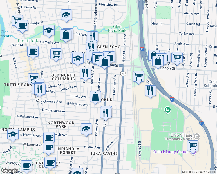 map of restaurants, bars, coffee shops, grocery stores, and more near in Columbus