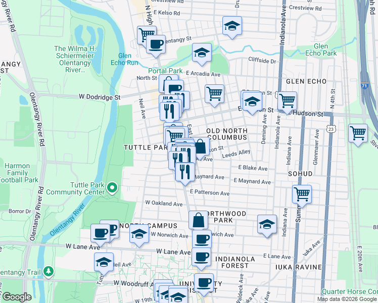 map of restaurants, bars, coffee shops, grocery stores, and more near 2458 North Pearl Street in Columbus