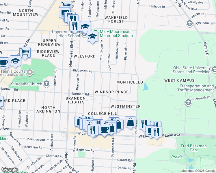 map of restaurants, bars, coffee shops, grocery stores, and more near 2691 Wellesley Drive in Upper Arlington