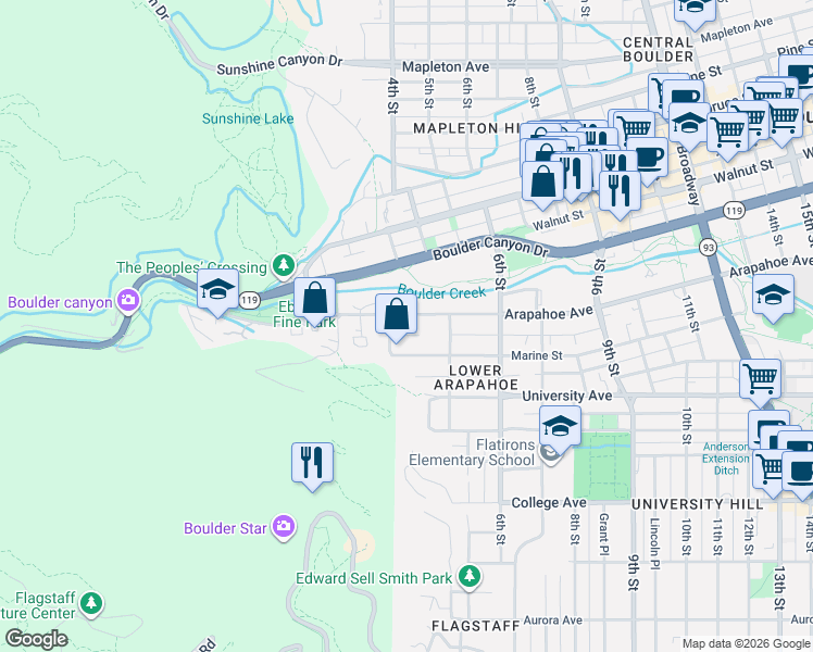 map of restaurants, bars, coffee shops, grocery stores, and more near 428 Arapahoe Avenue in Boulder
