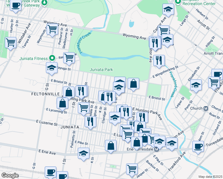map of restaurants, bars, coffee shops, grocery stores, and more near 4300 Howland Street in Philadelphia