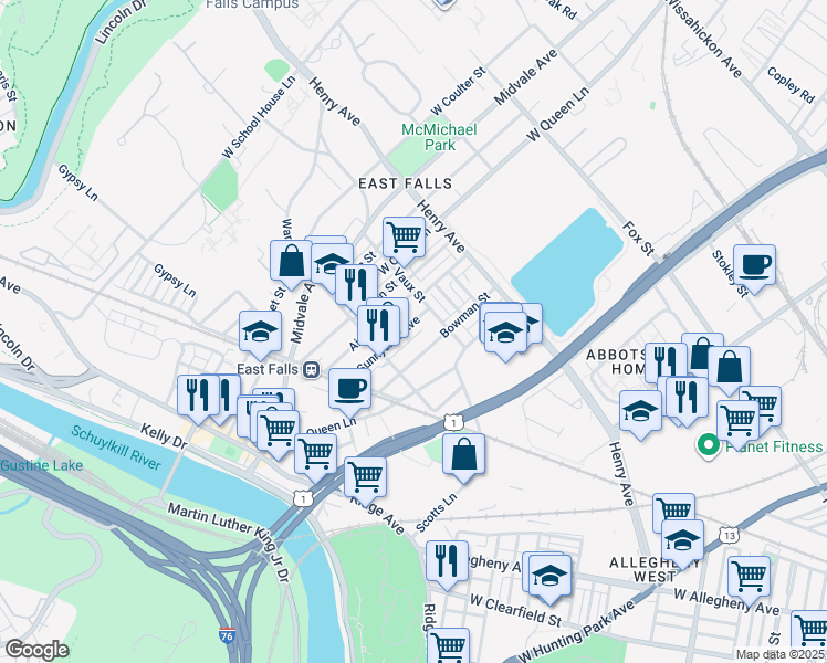 map of restaurants, bars, coffee shops, grocery stores, and more near 3424 Sunnyside Avenue in Philadelphia