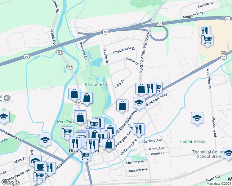 map of restaurants, bars, coffee shops, grocery stores, and more near 105 Lake Drive in Downingtown