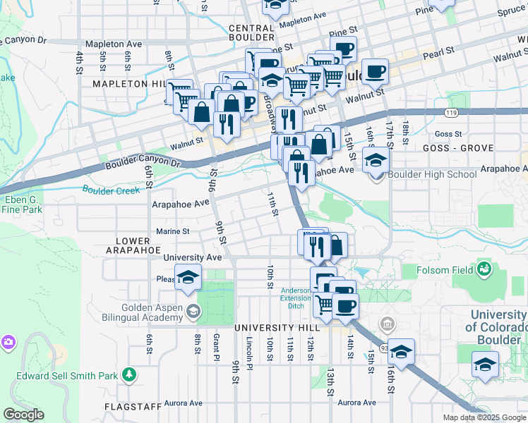 map of restaurants, bars, coffee shops, grocery stores, and more near 1051 Marine Street in Boulder