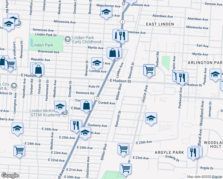 map of restaurants, bars, coffee shops, grocery stores, and more near 1613 Kohr Place in Columbus