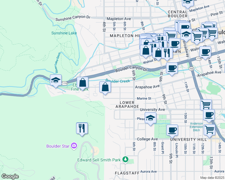 map of restaurants, bars, coffee shops, grocery stores, and more near 428 Arapahoe Avenue in Boulder