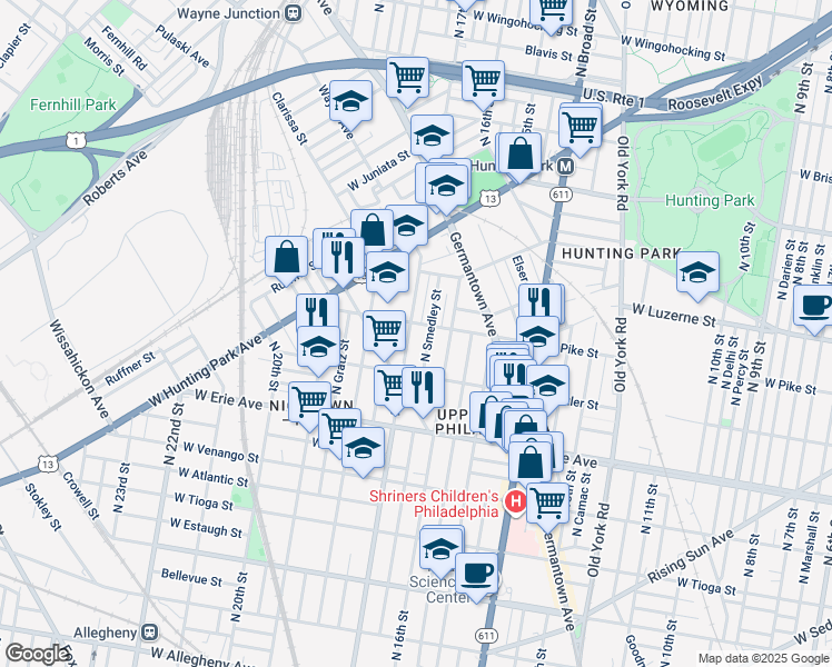 map of restaurants, bars, coffee shops, grocery stores, and more near 3851 North 17th Street in Philadelphia