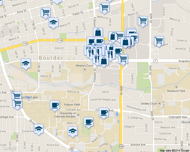 map of restaurants, bars, coffee shops, grocery stores, and more near 1444 Folsom Street in Boulder