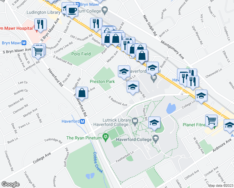 map of restaurants, bars, coffee shops, grocery stores, and more near 631 Walnut Lane in Haverford