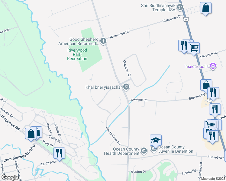 map of restaurants, bars, coffee shops, grocery stores, and more near 210 Jumping Brook Drive in Toms River