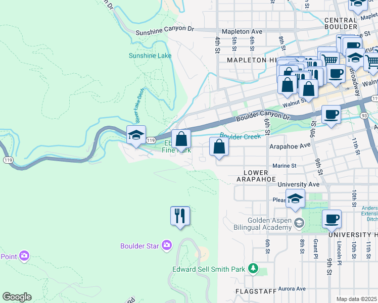 map of restaurants, bars, coffee shops, grocery stores, and more near 272 Arapahoe Avenue in Boulder