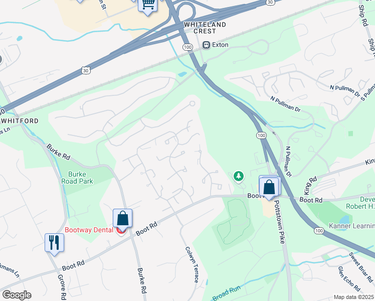 map of restaurants, bars, coffee shops, grocery stores, and more near 410 Anglesey Terrace in West Chester