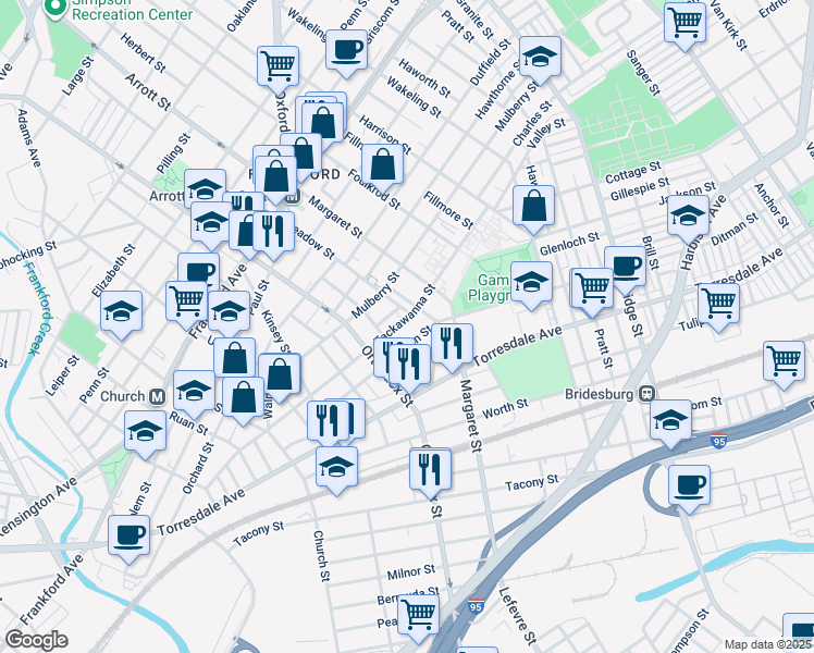 map of restaurants, bars, coffee shops, grocery stores, and more near 4649 Tackawanna Street in Philadelphia