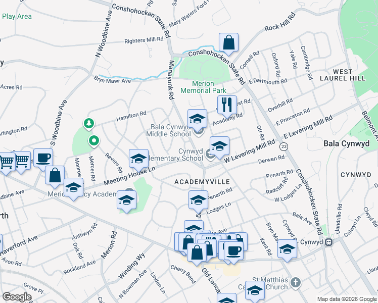 map of restaurants, bars, coffee shops, grocery stores, and more near 508 Hamilton Road in Merion Station