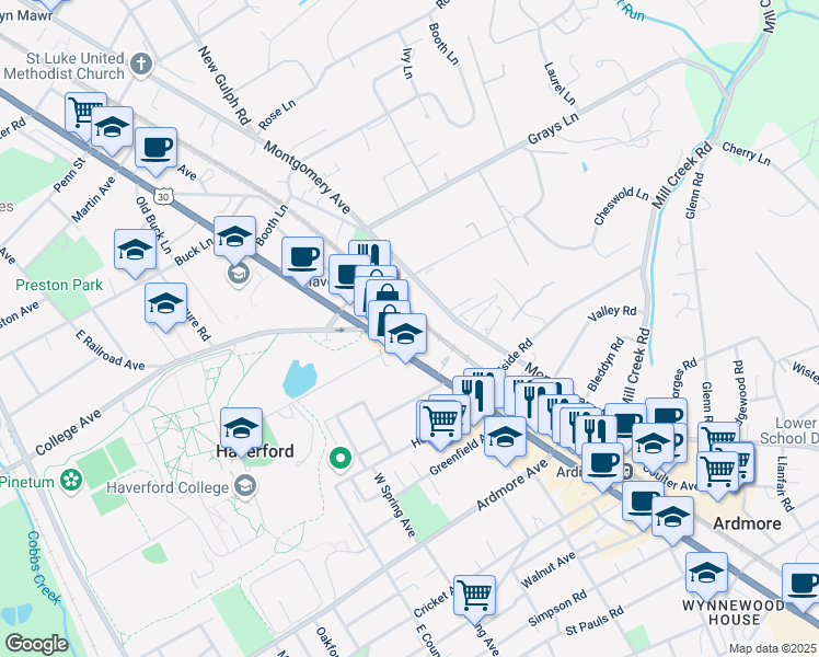 map of restaurants, bars, coffee shops, grocery stores, and more near 5 Dreycott Lane in Haverford