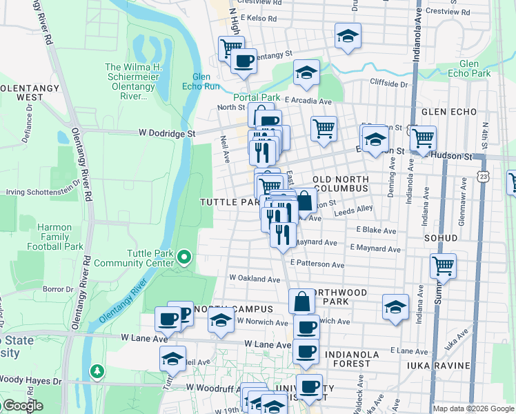 map of restaurants, bars, coffee shops, grocery stores, and more near 2483 North Wall Street in Columbus