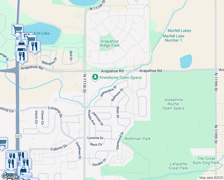 map of restaurants, bars, coffee shops, grocery stores, and more near Alexandria Street in Lafayette